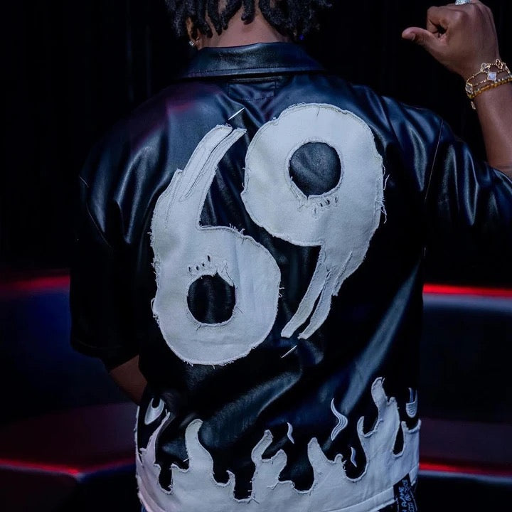 "69" FAUX LEATHER ZIP UP SHIRT